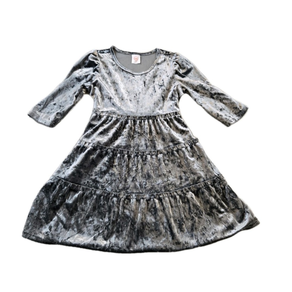 Wonder Nation Girl's Midi Silvery Gray Velvet Dress Long Sleeve Tiered Size 6/6x